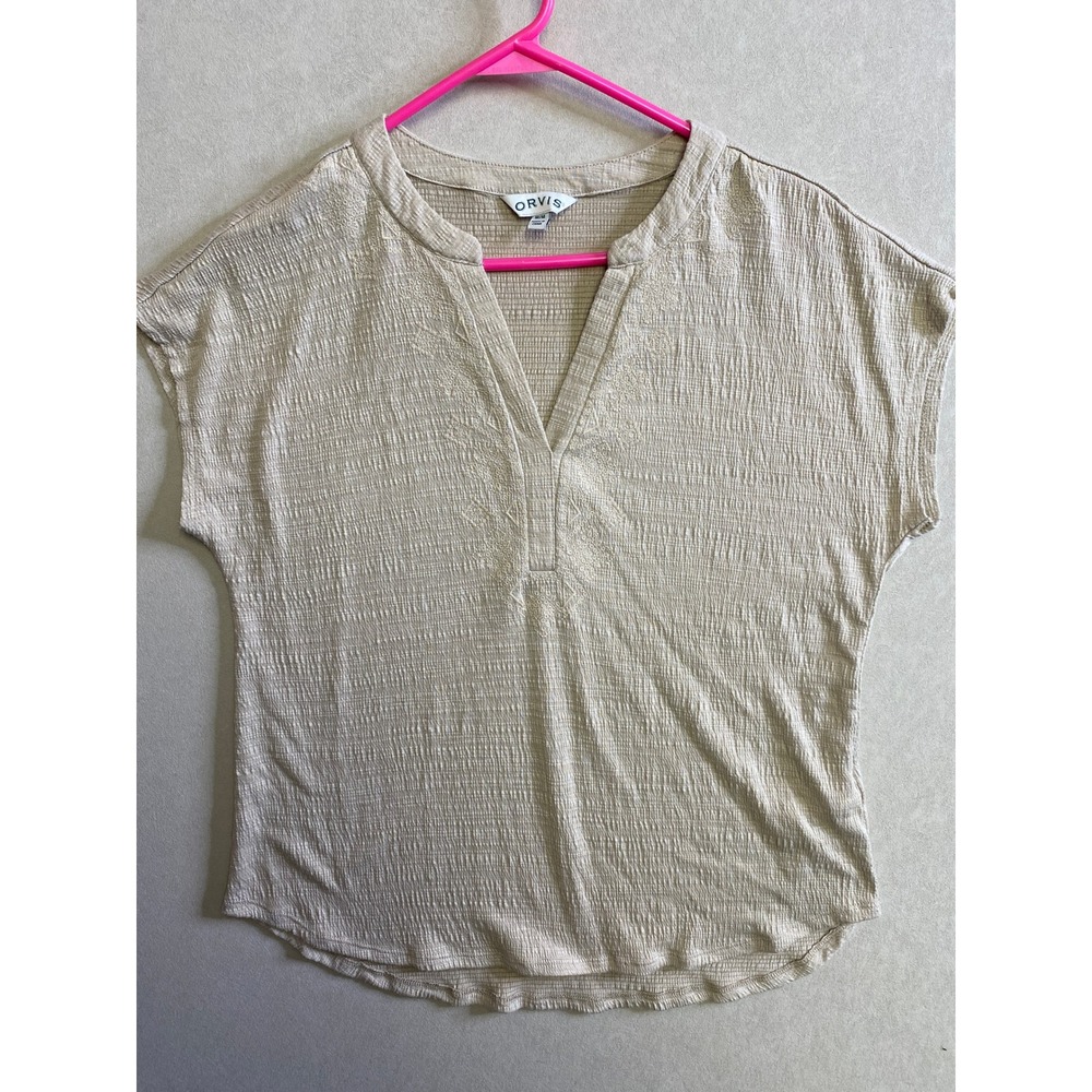 Orvis Womens Beige Textured Embroidered Split Neck Short Sleeve Blouse Size M